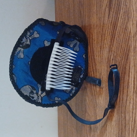 Bubbles and Frown Royal Blue and Black brocade skull mini top hat - Picture 6 of 7